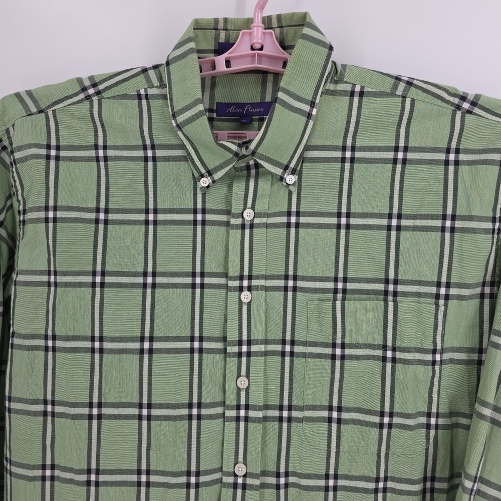 Alan Flusser Green Black and White Check LS Men's Shirt‎ 100% Cotton Size - Picture 3 of 9